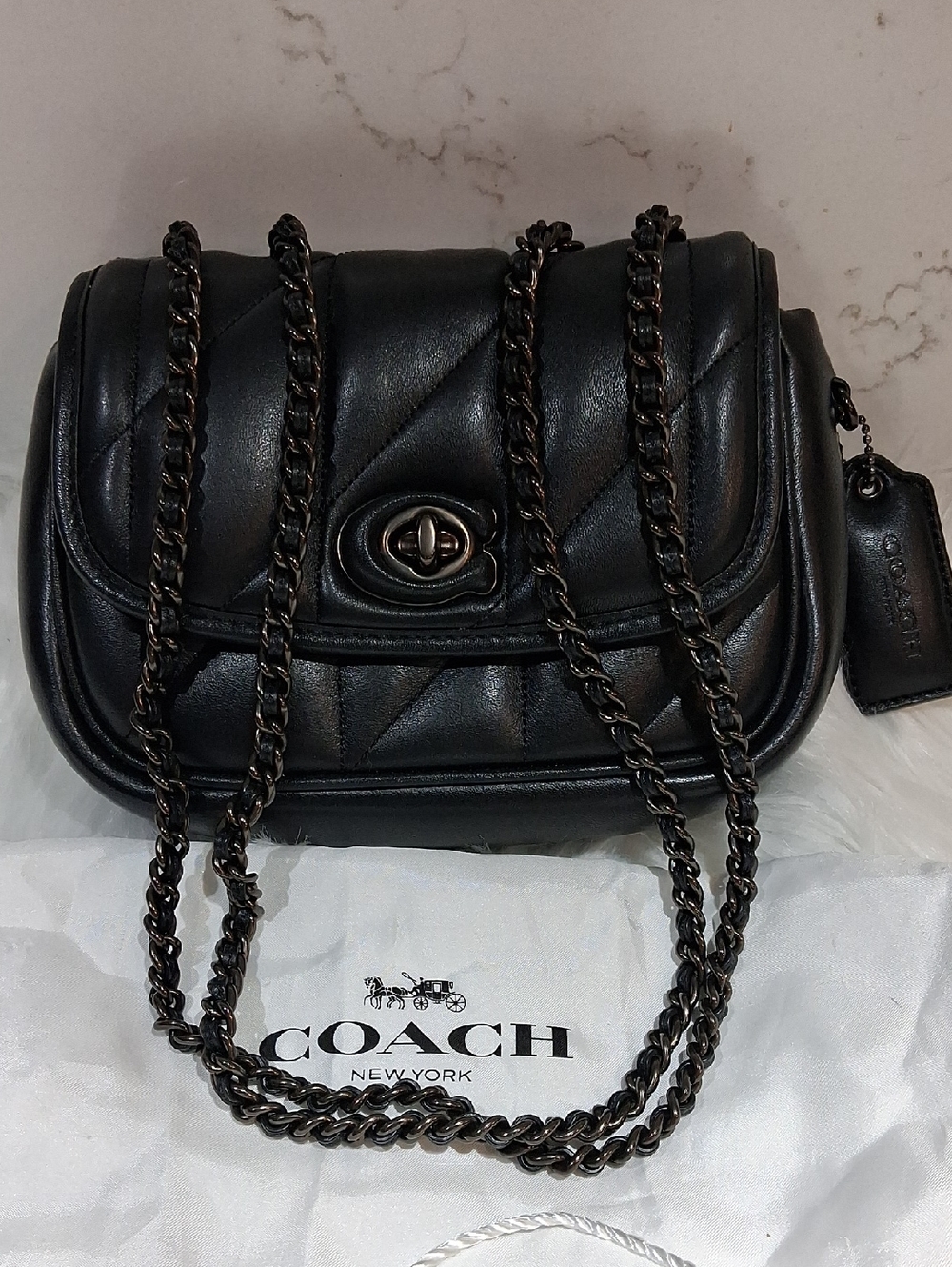 Coach Black Quilted Madison Leather Chain Strap Crossbody